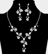 Everly Vine Rhinestone Embellished Rose Flower Cluster Necklace - Silver