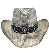 Wild West Rustic Metal Star Turquoise Faux Leather Band Straw Western Cowboy Hat - Black