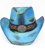 Copper Canyon Boho Metal Ornate Oval Buckle Accent Faux Leather Band Antique Wash Straw Cowboy Hat - Blue