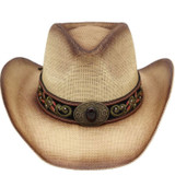 Sierra Sol Boho Oval Stone Accent Ornate Faux Leather Band Distressed Cowboy Hat - Beige