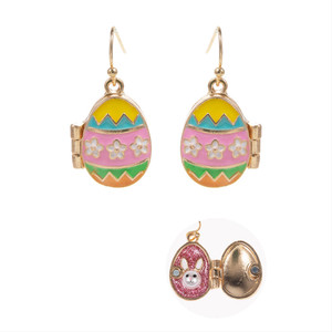 Hoppy Surprise Easter Bunny Face Inside Egg Locket Earrings - Multi
