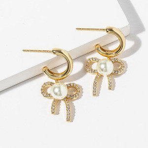 Delicate Love White Gold Dipped Pearl Center CZ Paved Bow Mini Hoop Earrings - Gold