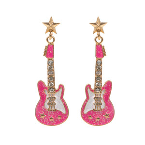 Glam Rock Stone Embellished Glittered Enamel Guitar Earrings - Pink