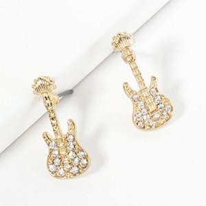 Radiant Rhythm Crystal Stone Paved Guitar Stud Earrings - Gold