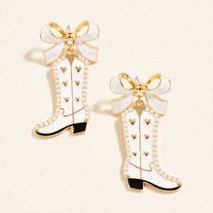 Country Chic Pearl Trim Bow Accent Bride Cowboy Boot Earrings - Gold