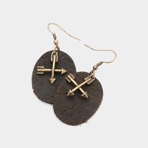 Desert Path Oval Faux Leather Metal Arrow Earrings - Gold Burnished