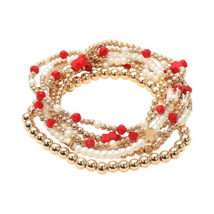 Modern Faith 7PCS Cross Pearl Metal Ball Beaded Stretch Multi Layered Bracelet - Red