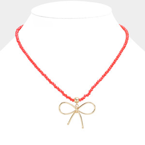 Sweet Grace Faceted Beaded Brass Metal Bow Pendant Necklace - Red