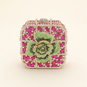 Sparkling Petal Crystal Rhinestone Embellished Flower Pointed Square Evening Clutch Shoulder Strap - Fuchsia