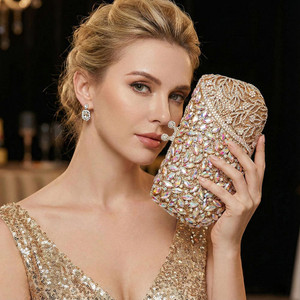 Moonlit Garden Floral Leaf Crystal Frame Evening Clutch Shoulder Strap - AB/Gold