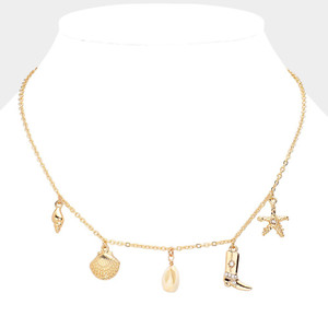 Starry Spurs Shell Western Boots Starfish Charm Necklace - Gold