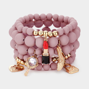 Style Charm 5PCS Flower Heart Hand Mirror Lipstick Stiletto Tote Bag Charm Stretch Bracelet  - Taupe