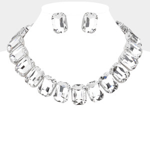 Glamour Glow Emerald Cut Stone Collar Evening Necklace - Rhodium