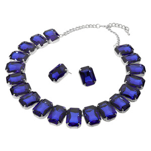 Glamour Glow Emerald Cut Stone Collar Evening Necklace - Royal Blue