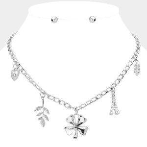 Amour de Paris Heart Leaf Clover Eiffel Tower Charm Necklace - Rhodium