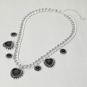 Fortune Heart Round Stone Pendant Station Necklace - Black/Silver