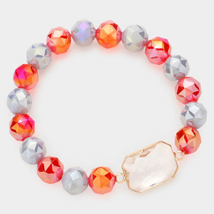 Prism Glow Lucite Accented Faceted Beaded Stretch Bracelet - Gray/Red