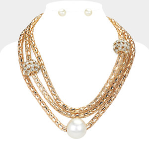 Night Out Pearl Rhinestone Ball Pointed Mesh Chain Layered Statement Necklace - Cream