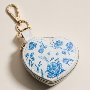 Petal Pop Floral Pattern Print Heart Shaped Jewelry Case Keychain Bag Charm - Blue