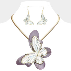 Flutter Luxe Celluloid Acetate Colored Metal Butterfly Pendant Necklace - Black