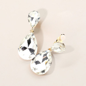 Luminous Cascade Glass Crystal Double Teardrop Clip On Evening Earrings - Gold