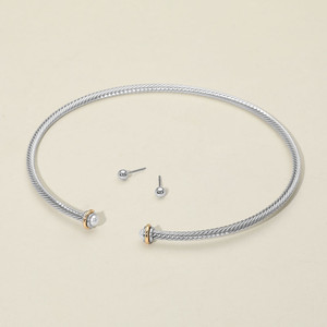 Power Theory Metal Twisted Pearl Ends Wire Choker Necklace  - Rhodium