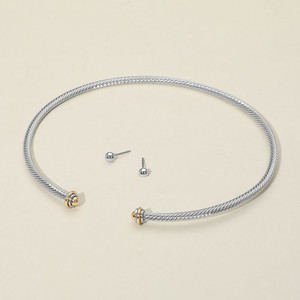 Modern Coil Metal Twisted Wire Choker Necklace - Two Tone Rhodium