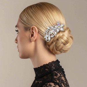 Botanical Spark Marquise Stone Cluster Rhinestone Pave Floral Hair Comb - AB Silver