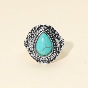 Majestic Mesa Western Vintage Intricate Detailing Teardrop Stone Statement Stretch Ring -  Turquoise