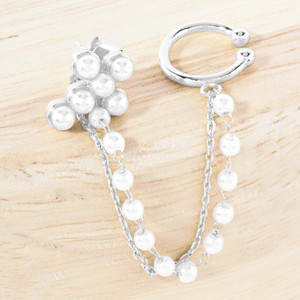 Faith Bound Gold Dipped Pearl Cross Chain Ear Cuff Earrings - Rhodium