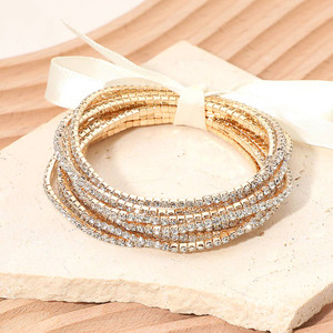 Stacked Sparkle 12PCS - Ribbon Slim Rhinestone Stretch Multi Layered Bracelet  - Gold