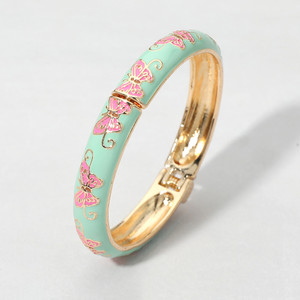 Flutter Grace Butterfly Enamel Hinged Bangle Bracelet - Pink/Green