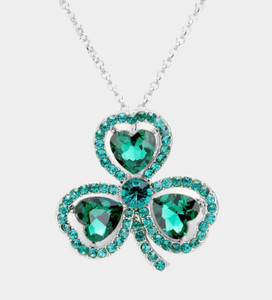 Clover Kiss Heart Crystal Rhinestone Clover Pendant Necklace - Green/Silver