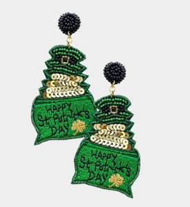 Happy St. Patrick's Day Felt Back Pot of Gold Shamrock Dangle Earrings - Green