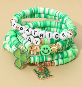 6PCS - LUCK Charm Smile Face Clover ST PATRICKS DAY Heishi Beaded Stretch Multi Layered Bracelets - Green