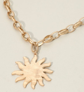 Brilliant Burst Brushed Metal Sunburst Pendant Chunky Chain Necklace - Gold