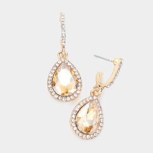 Glamour Glow Rhinestone Trimmed Teardrop Stone Dangle Evening Earrings - Lt Topaz