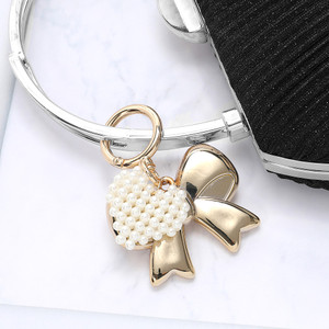 Sweet Style Metal Bow Pearl Beaded Heart Keychain / Bag Charm - Cream