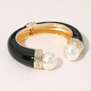 Timeless Touch Gold Plated Pearl Tip Enamel Hinged Cuff Bracelet - Black