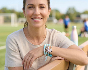 Field Ready 5PCS - Soccer Shoe Charm GOAL Message Beaded Stretch Multi Layered Bracelets - Light Blue