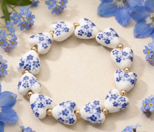 Floral Fantasy Flower Ceramic Heart Beaded Stretch Bracelet - Blue