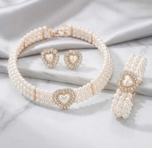 Gleaming Queen 3-PCS Pearl Heart Pendant 3-Row Choker Necklace With Clip-On Earrings Jewelry Set - Cream