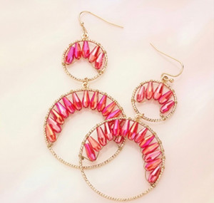 Glam Glow Faceted Teardrop Bead Wrapped Double Open Metal Circle Link Dangle Earrings - AB Red