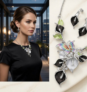 Floral Flutter Colorful Butterfly Petal Cluster Vine Necklace - Black