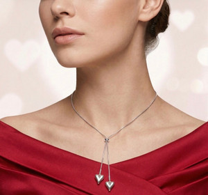 Love Duo Stainless Steel Heart Charm Drop Sliding Adjustable Chain Necklace - Rhodium