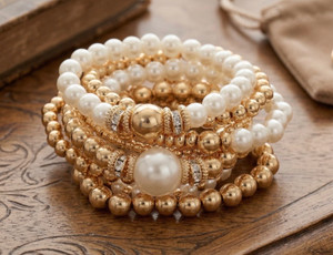 Elegant Haven 9PCS - Pearl Metal Ball Beaded Stretch Multi Layered Bracelets - Gold