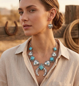 Prairie Love Western Turquoise Stone Accent Heart Horseshoe Link Statement Necklace - Turquoise