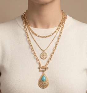 Golden Mesa Turquoise Stone Accent Textured Metal Teardrop Toggle Pendant Coin Charm Multi Layered Necklace - Gold