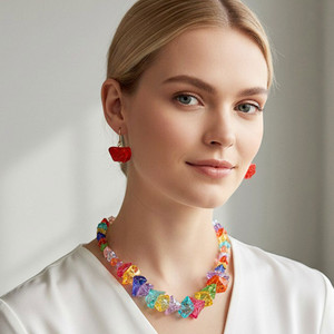 Majestic Match Chunky Geometric Resin Pebble Beaded Statement Necklace - Multi