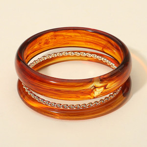 Sculptured Elegance 3PCS - Chunky Marbled Resin Twisted Metal Bangle Multi Layered Bracelets